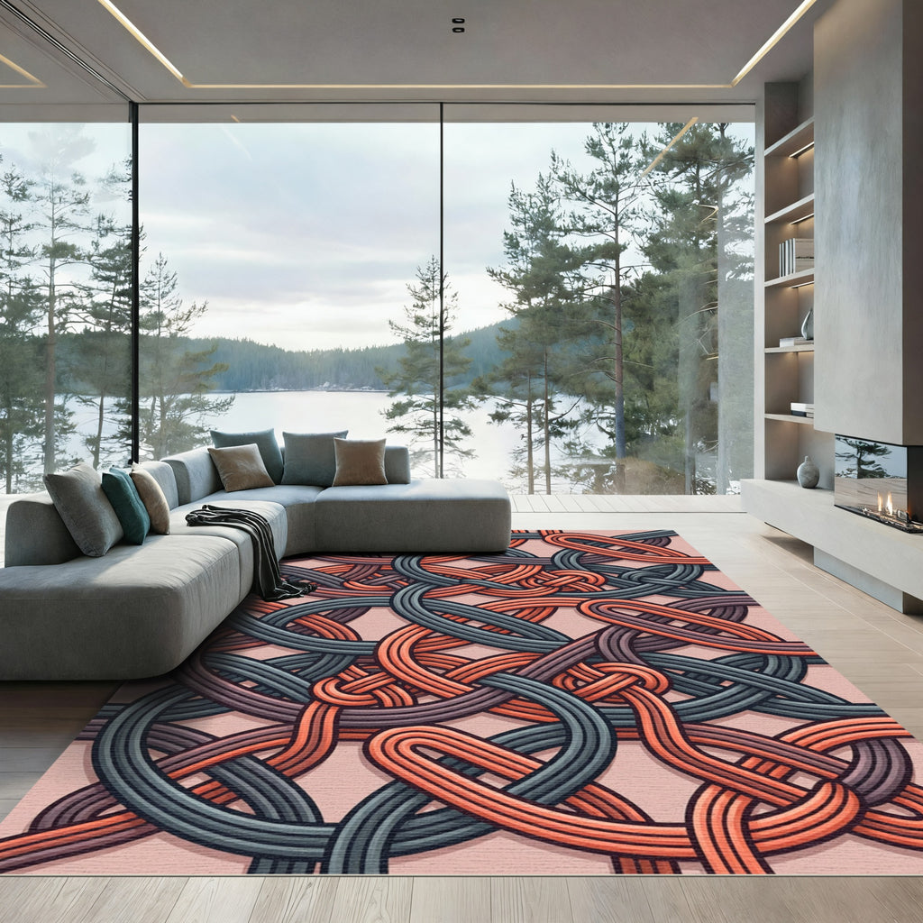 Geometric Interwoven Copper and Slate Knot Rug