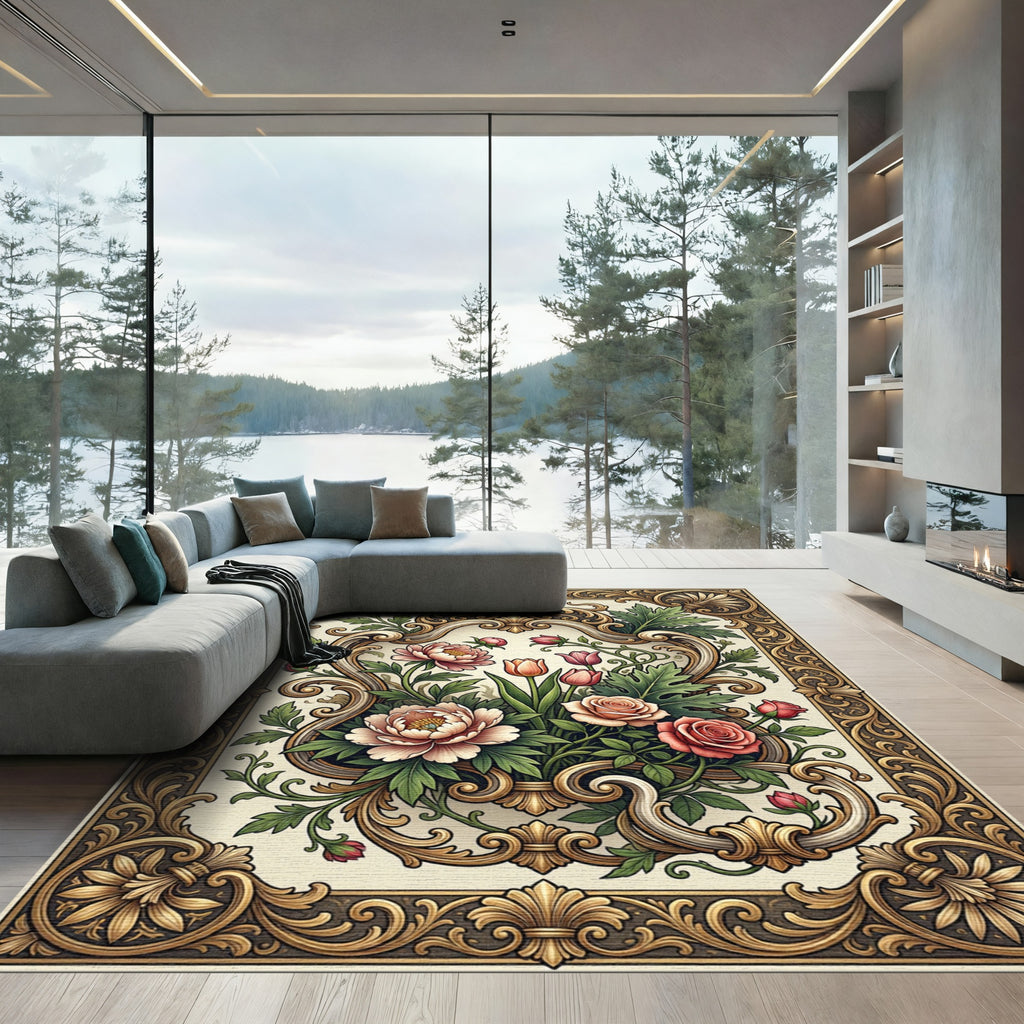 Ornate Golden Floral Baroque Bouquet Rug