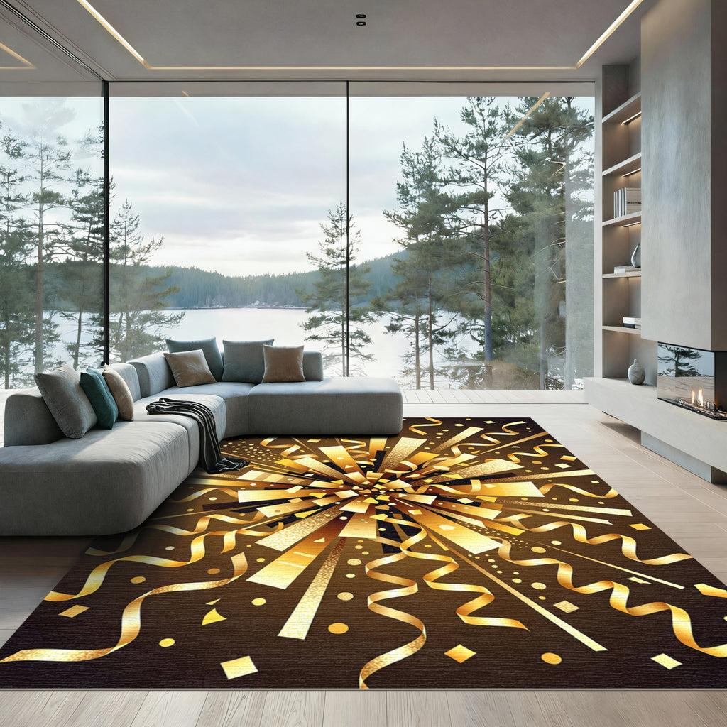 Golden Celebration Confetti Burst Art Rug