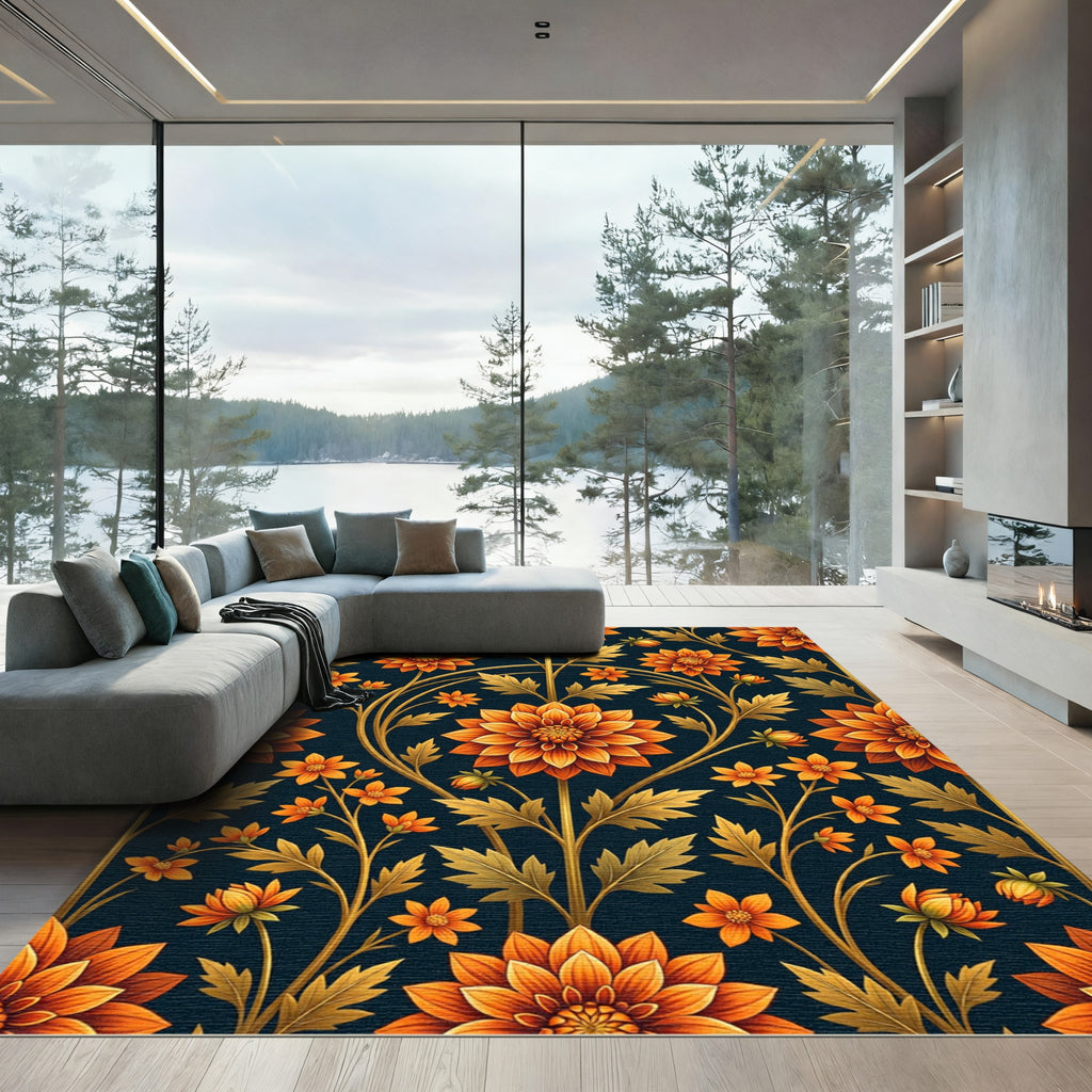 Golden Orange Floral Vine Harmony Rug