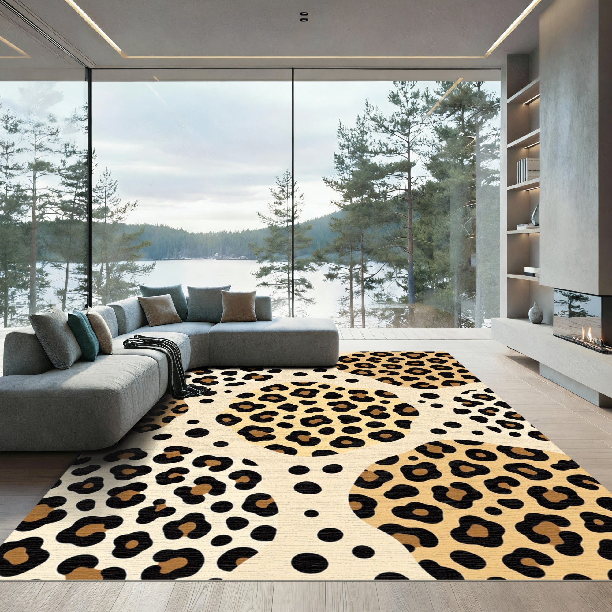 Ochre Speckled Leopard Print Collage Rug