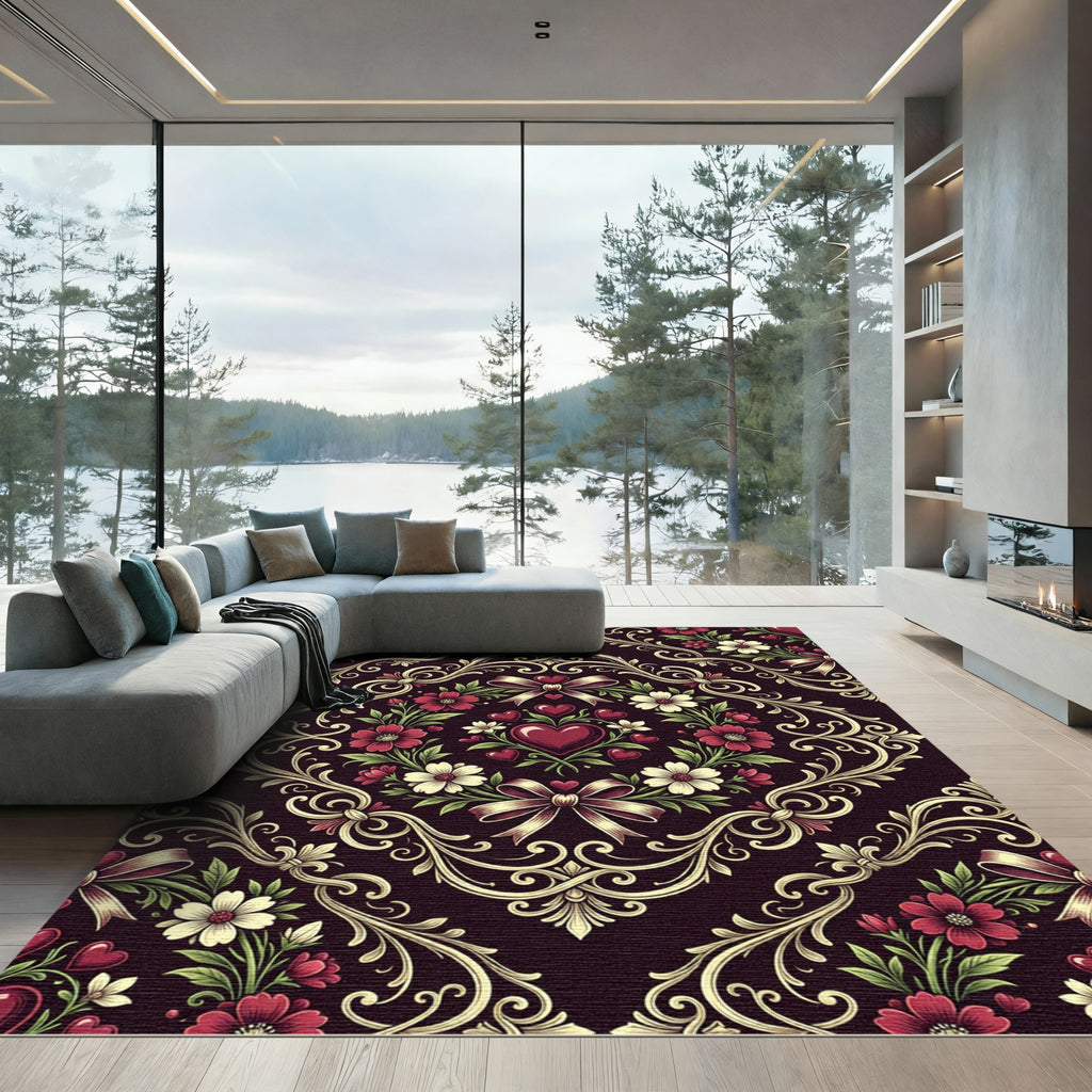 Romantic Dark Floral Heart Damask Rug