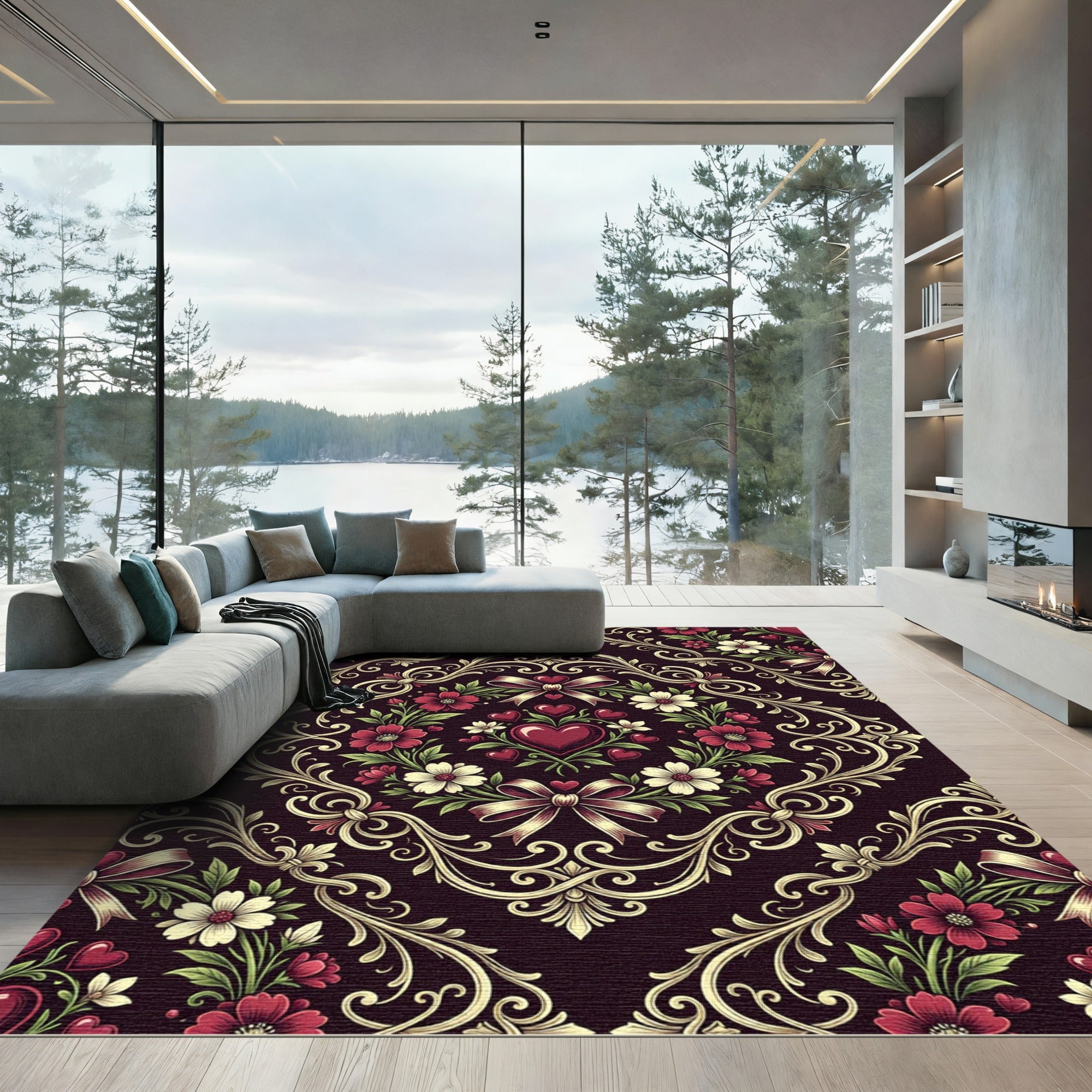 Romantic Dark Floral Heart Damask Rug