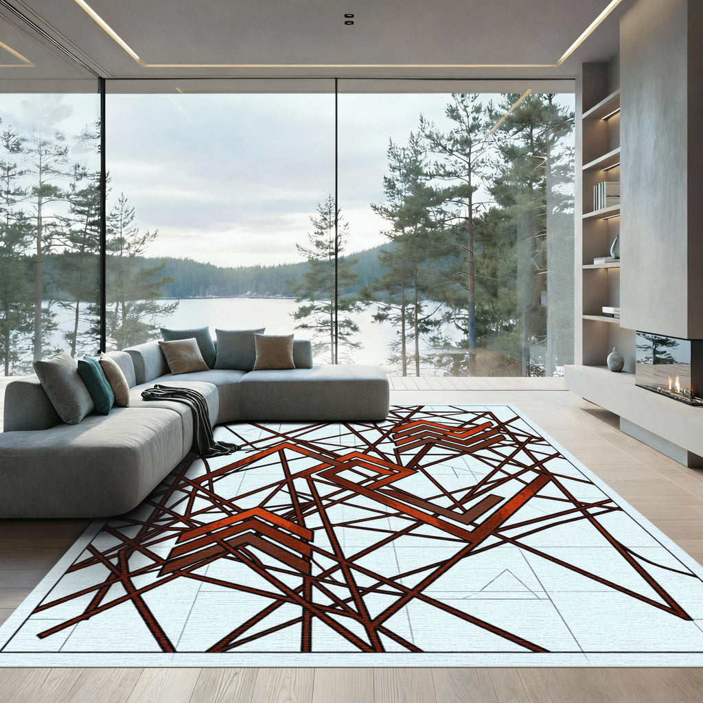 Geometric Rust Red Intersecting Linear Rug