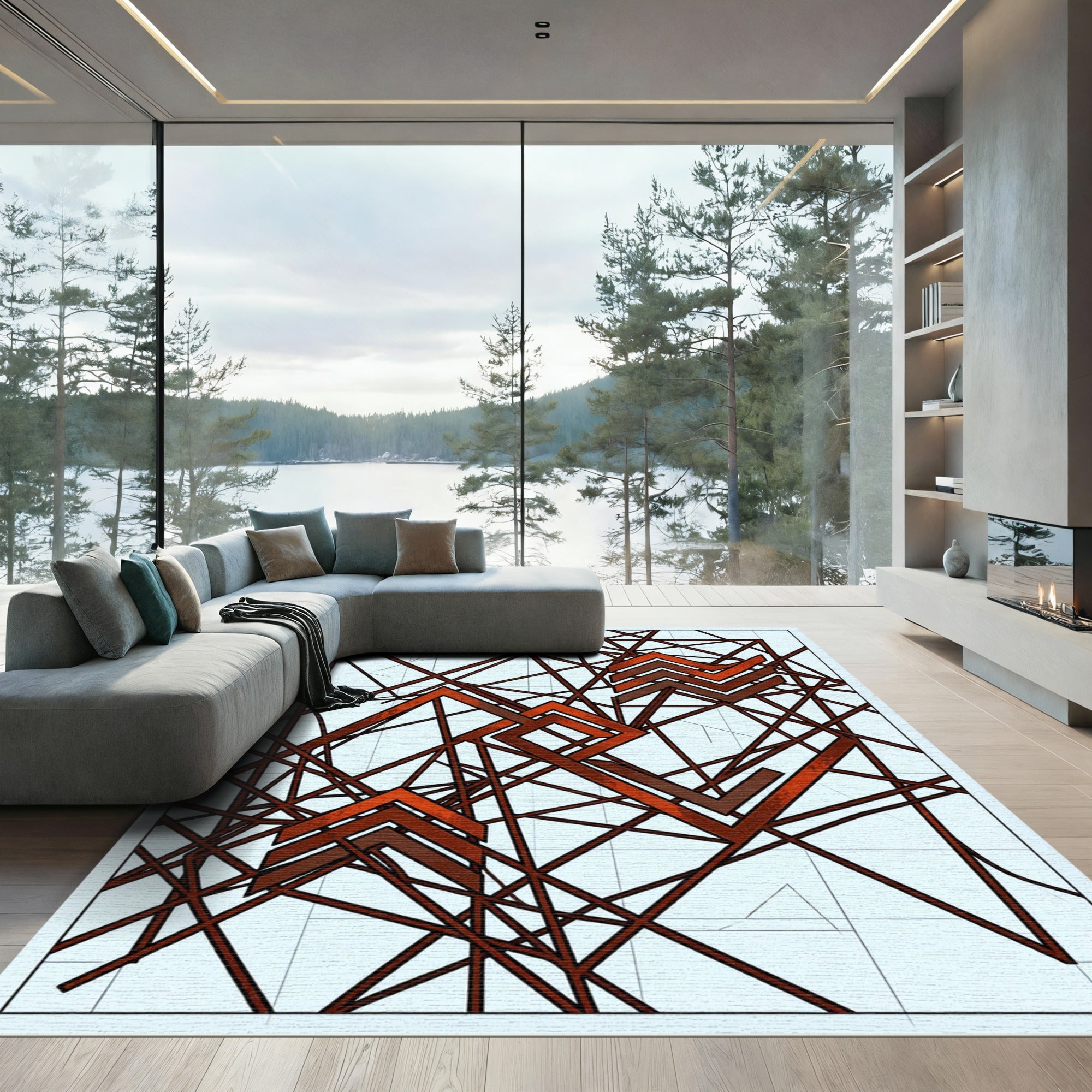 Geometric Rust Red Intersecting Linear Rug
