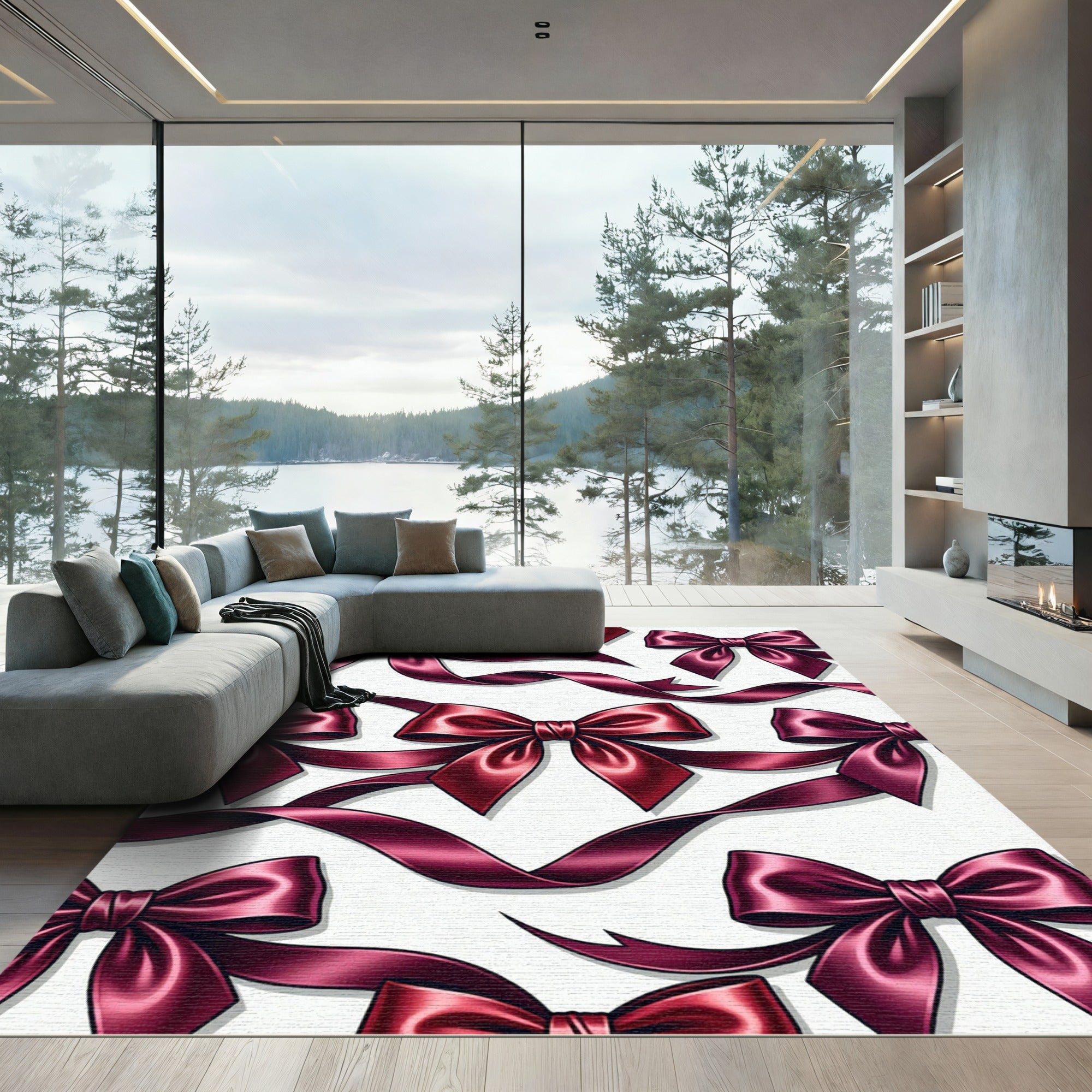Elegant Burgundy Ribbon Bows Rug