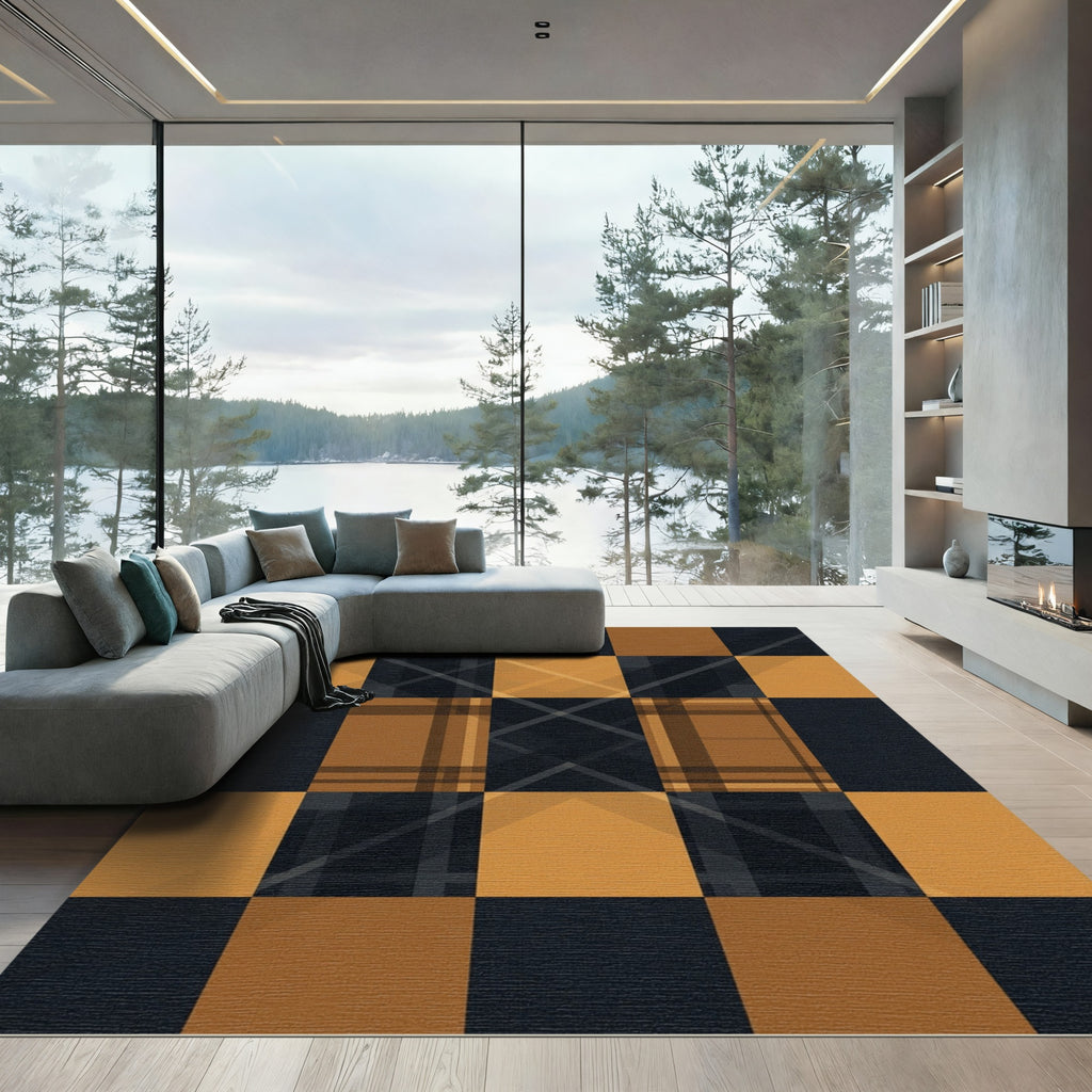 Bold Ochre and Charcoal Plaid Grid Rug
