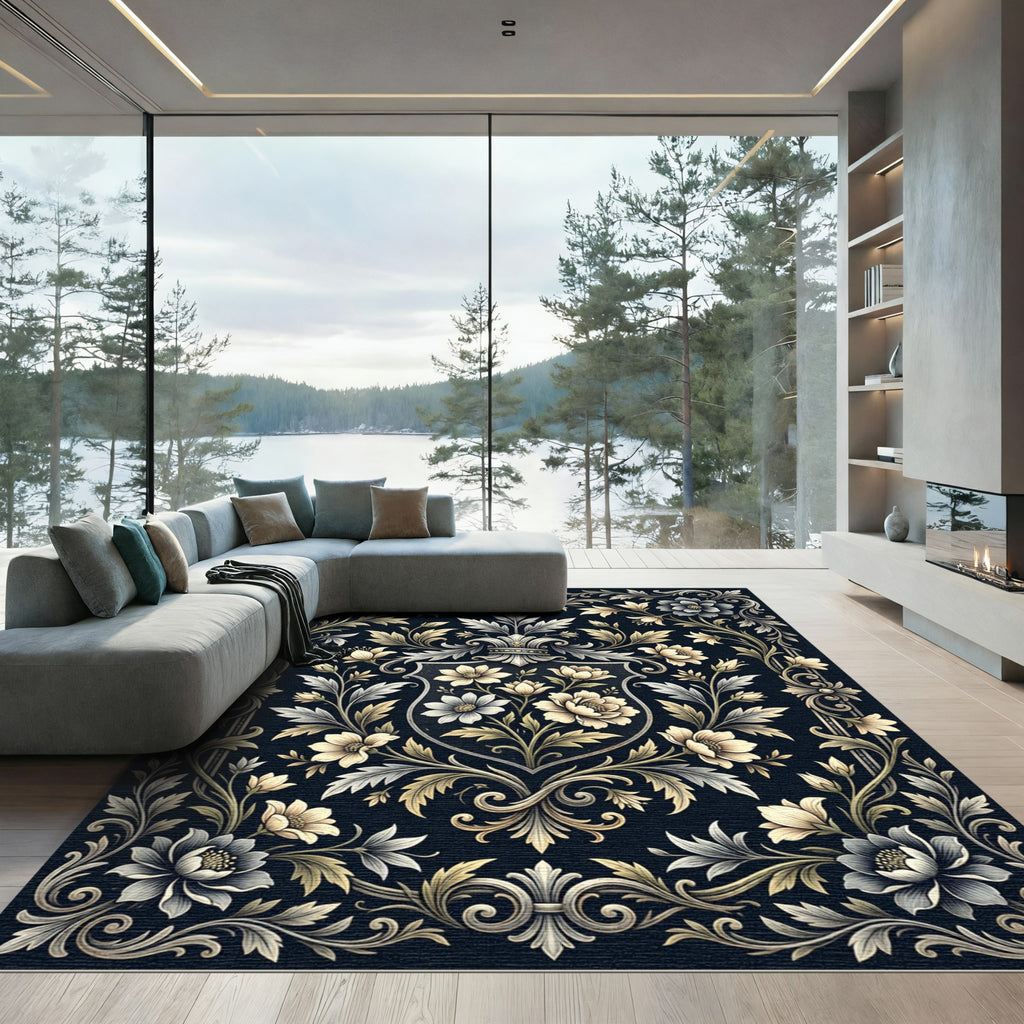 Classic Black Floral Shield Emblem Rug