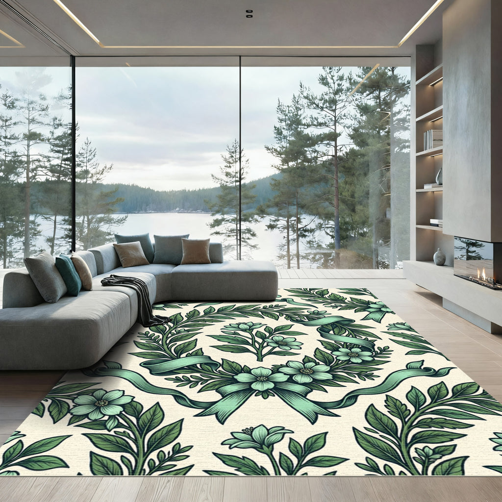 Sage Green Botanical Wreath Floral Ribbon Rug