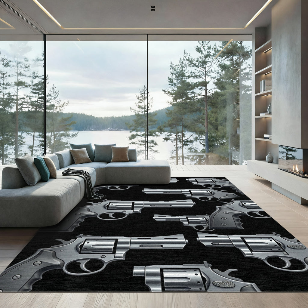 Monochrome Revolver Graphic Illustration Rug