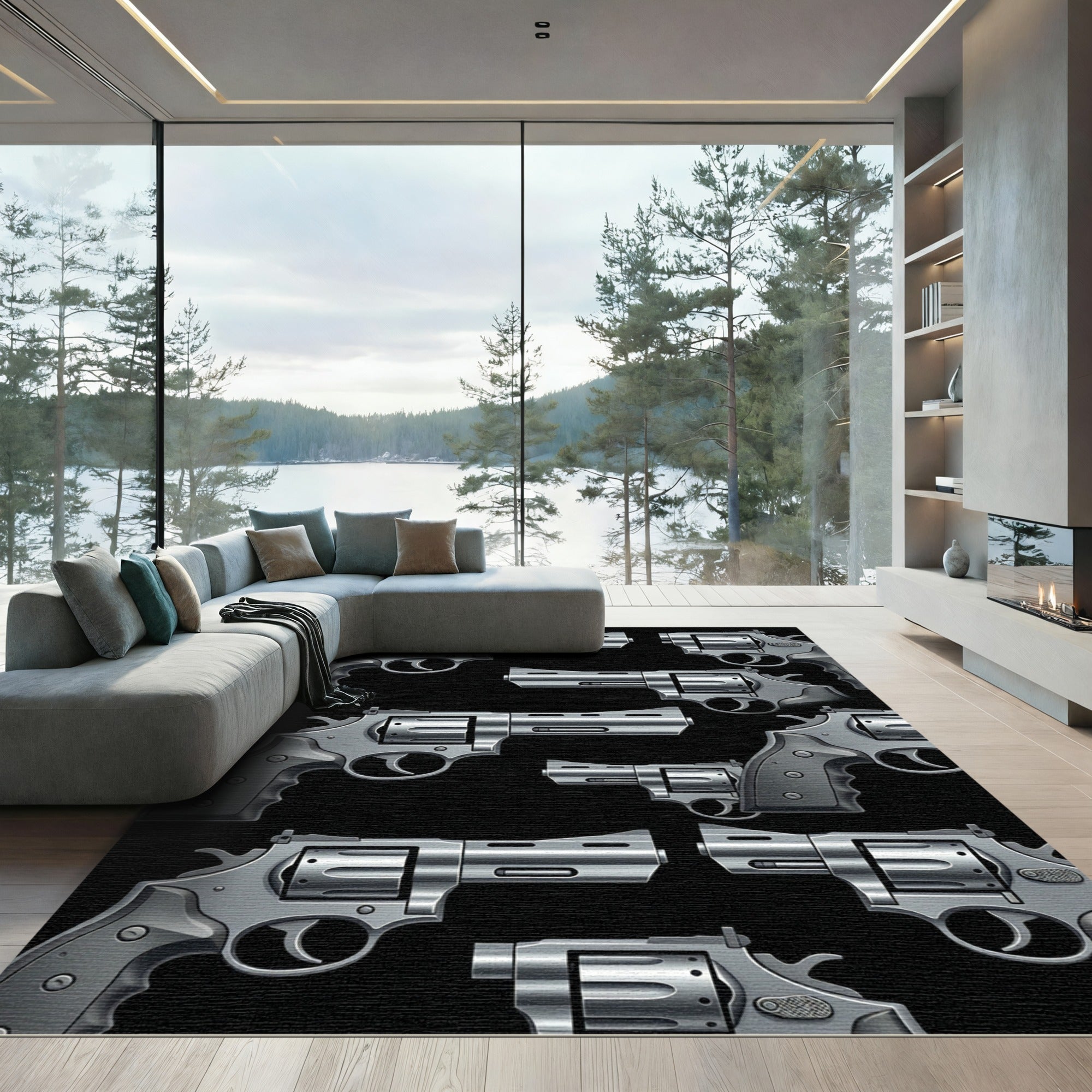 Monochrome Revolver Graphic Illustration Rug