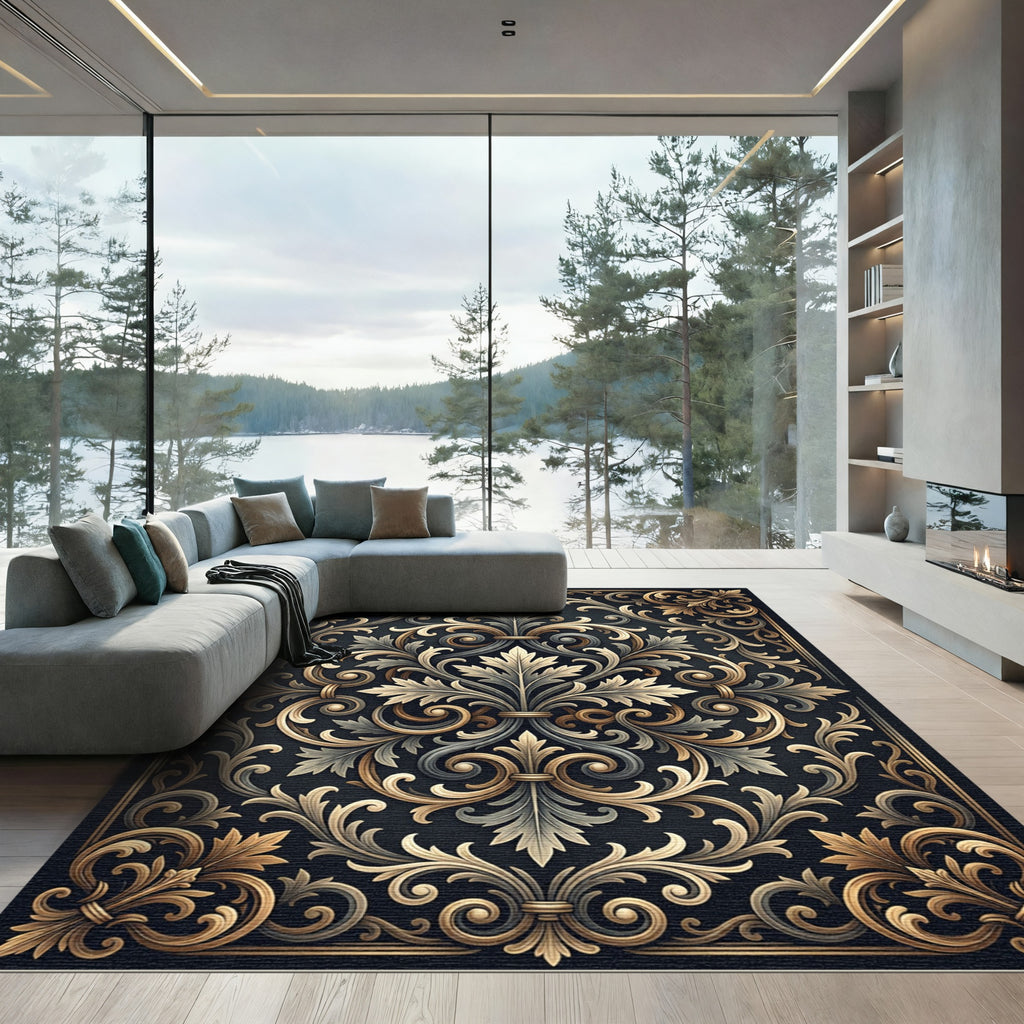 Ornate Gold and Charcoal Acanthus Scroll Rug