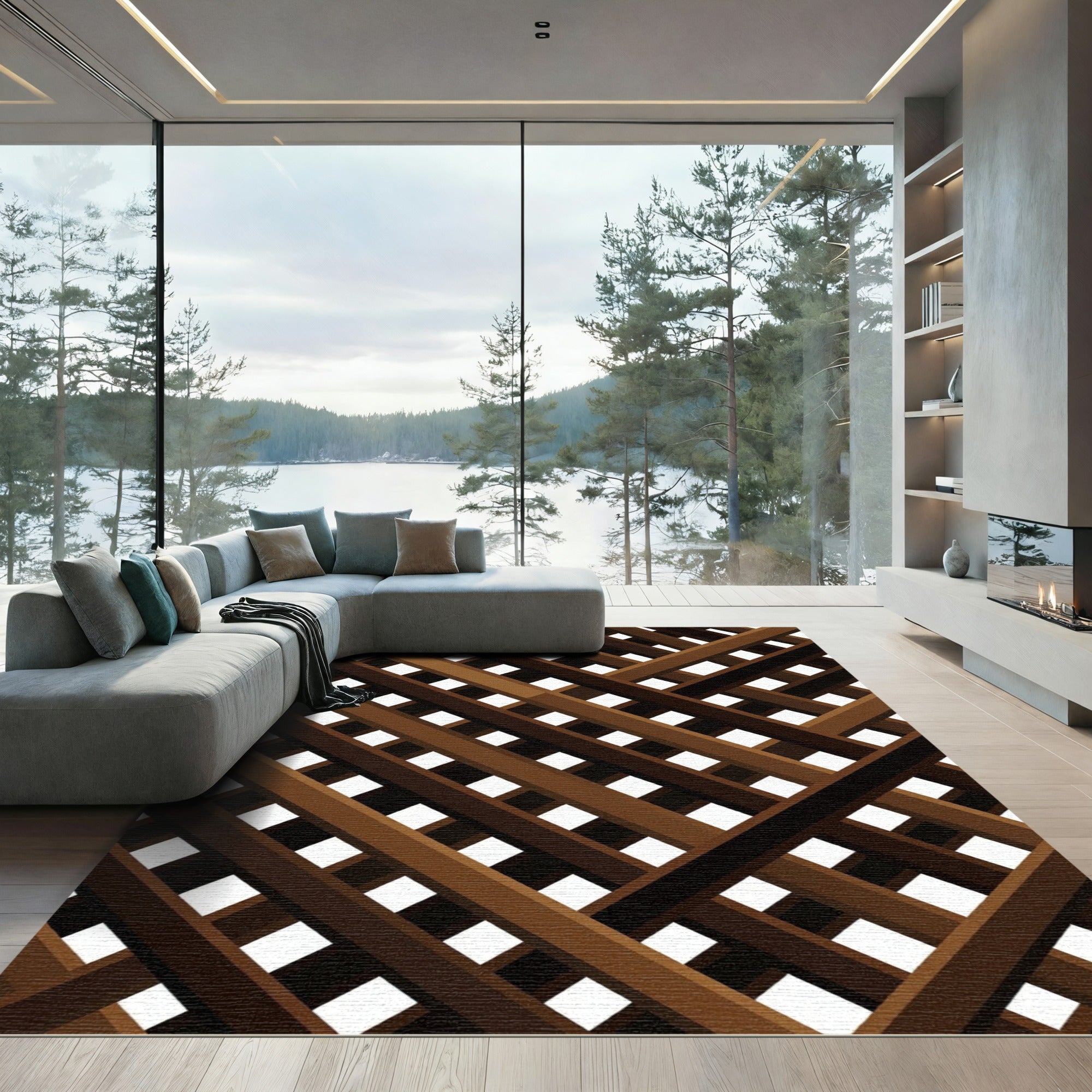 Brown Diagonal Lattice Geometric Grid Rug
