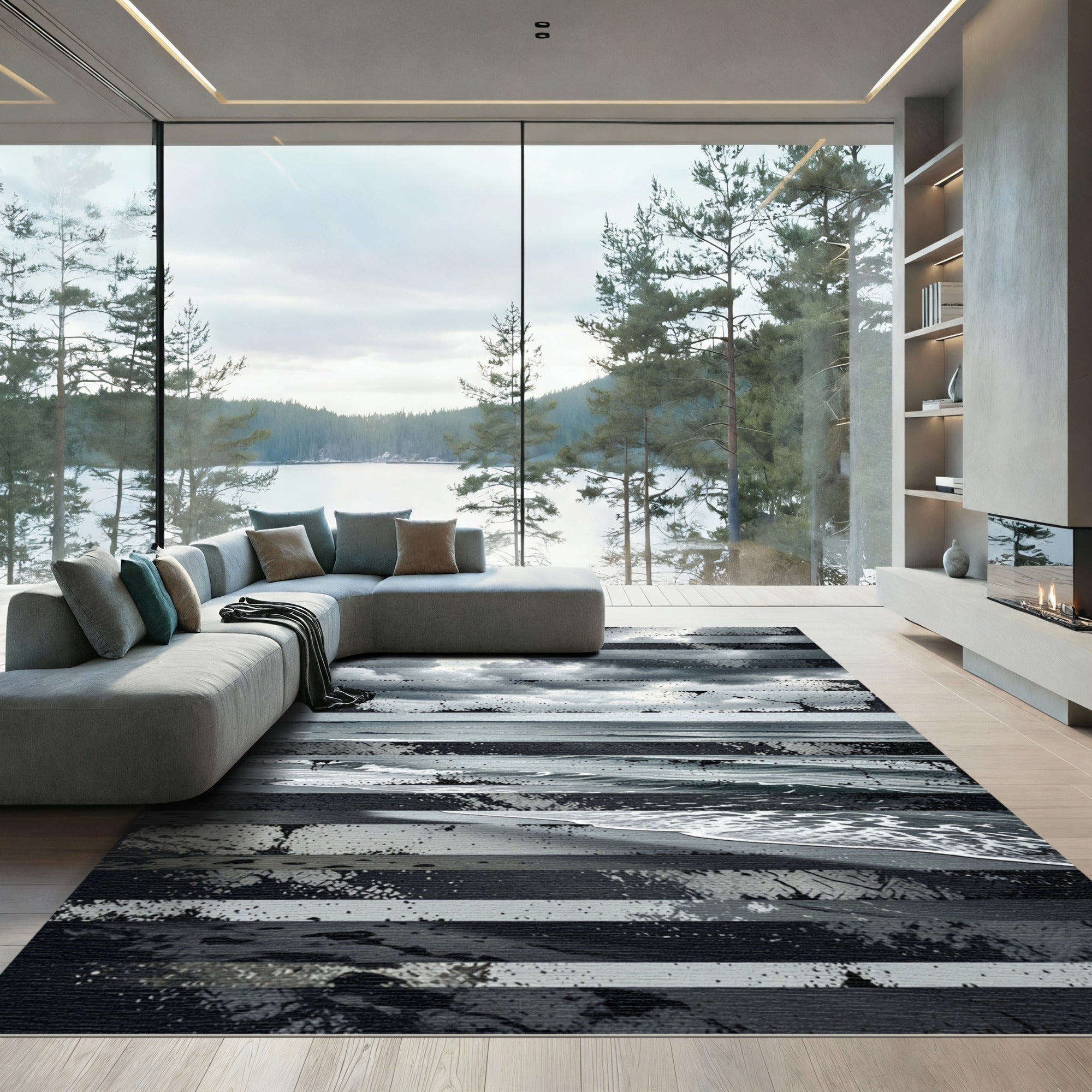 Dark Gray Ocean Waves Collage Rug