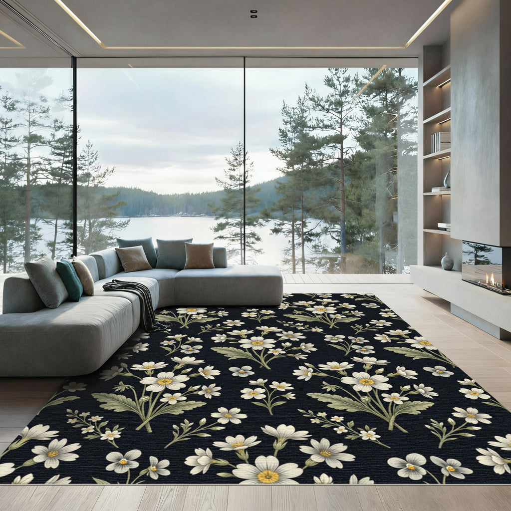 Classic White Floral Dark Background Rug