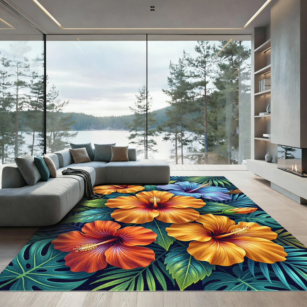 Vibrant Tropical Hibiscus Floral Botanical Rug