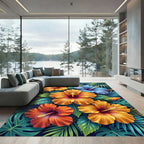 Vibrant Tropical Hibiscus Floral Botanical Rug