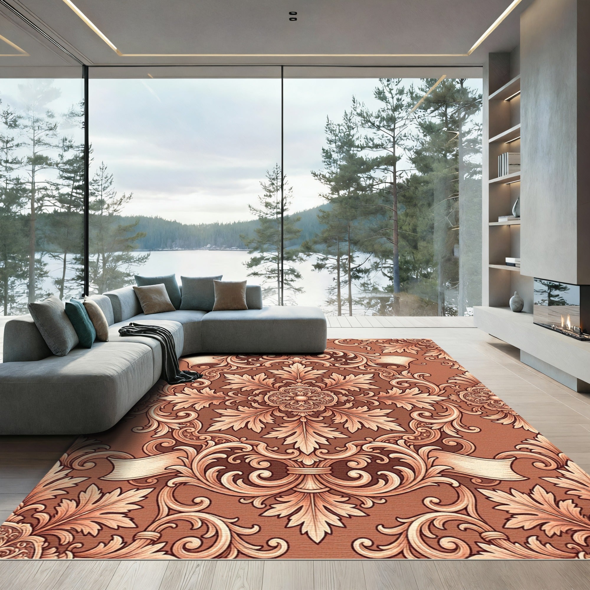 Opulent Russet Acanthus Scroll Border Rug
