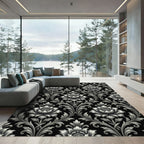 Elegant Silver Floral Damask Monochrome Rug