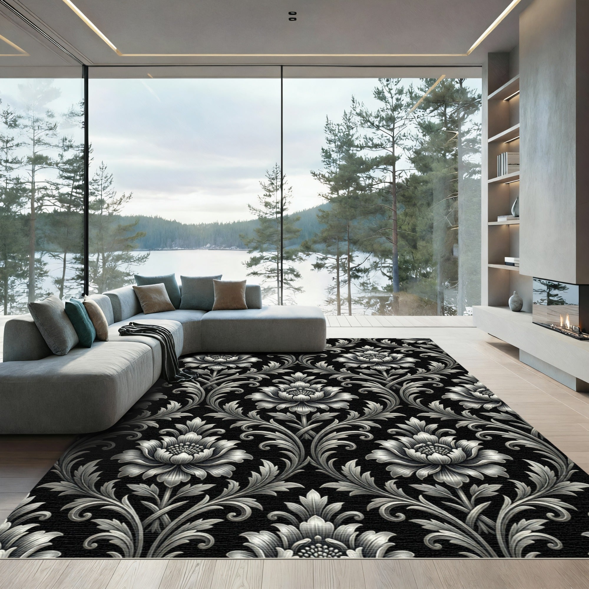 Elegant Silver Floral Damask Monochrome Rug