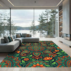 Vibrant Teal and Orange Paisley Medallion Rug