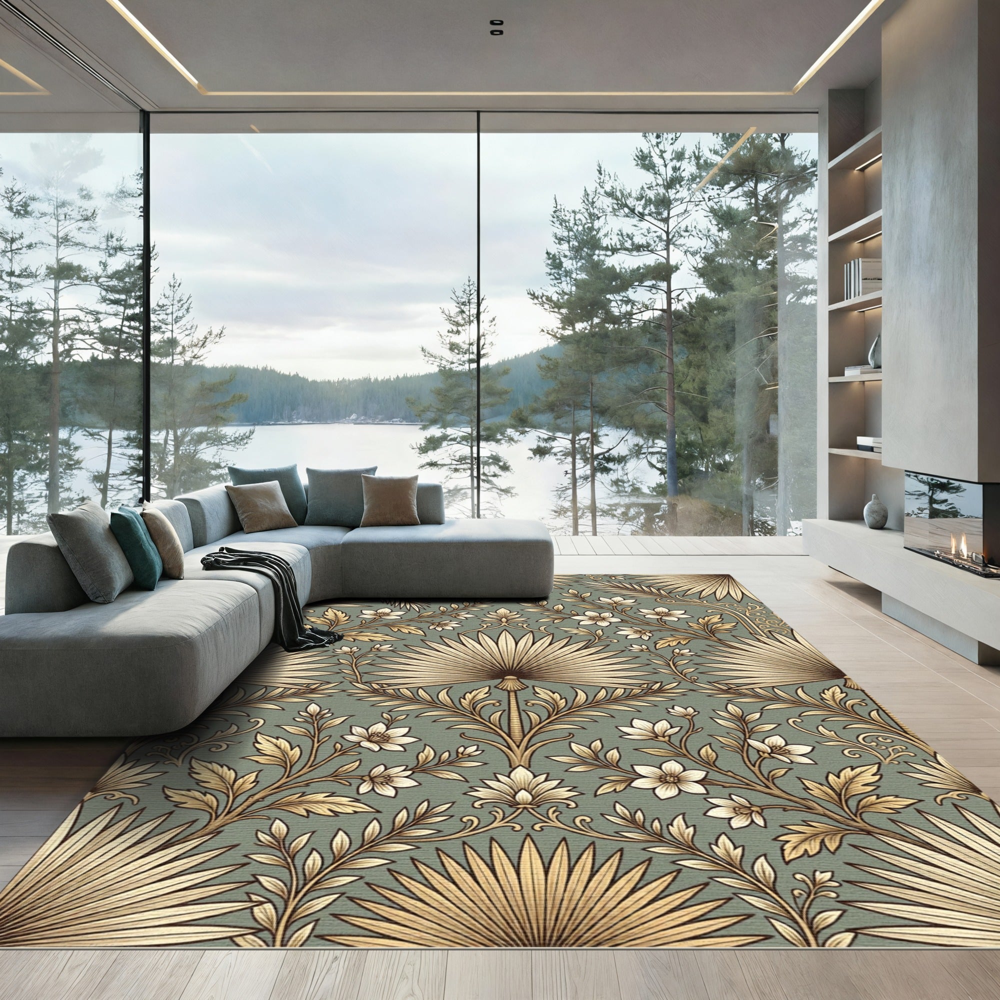 Green Gold Tropical Palm Foliage Rug