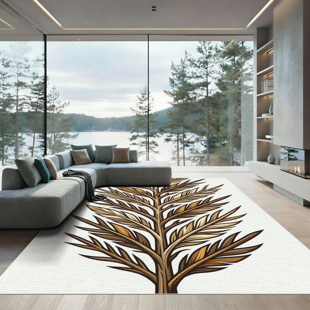 Golden Botanical Fern Leaf Feather Rug