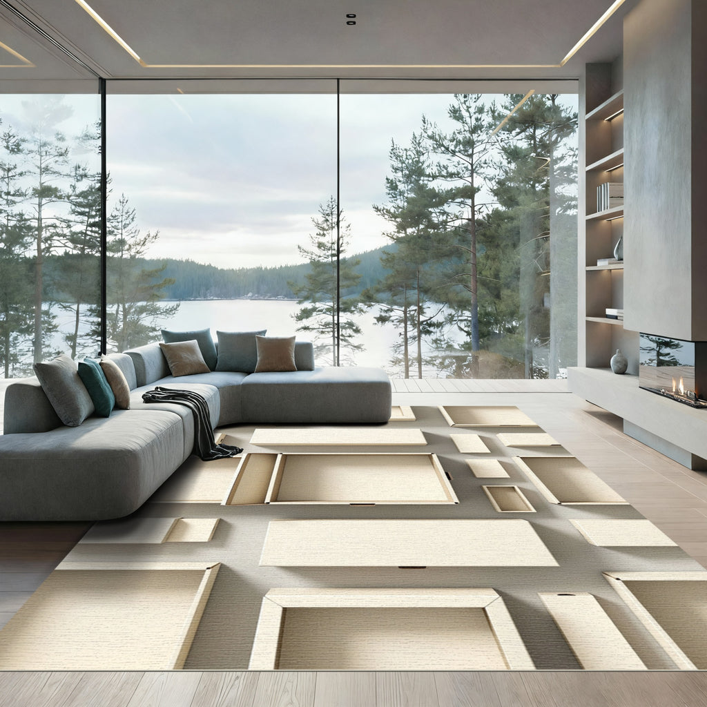 Minimalist Cream Grid Geometric Framed Box Rug