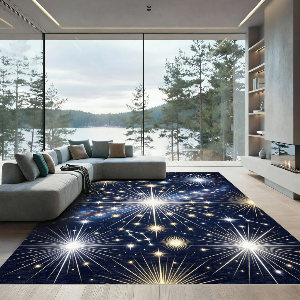 Cosmic Midnight Gold Starburst Constellation Rug