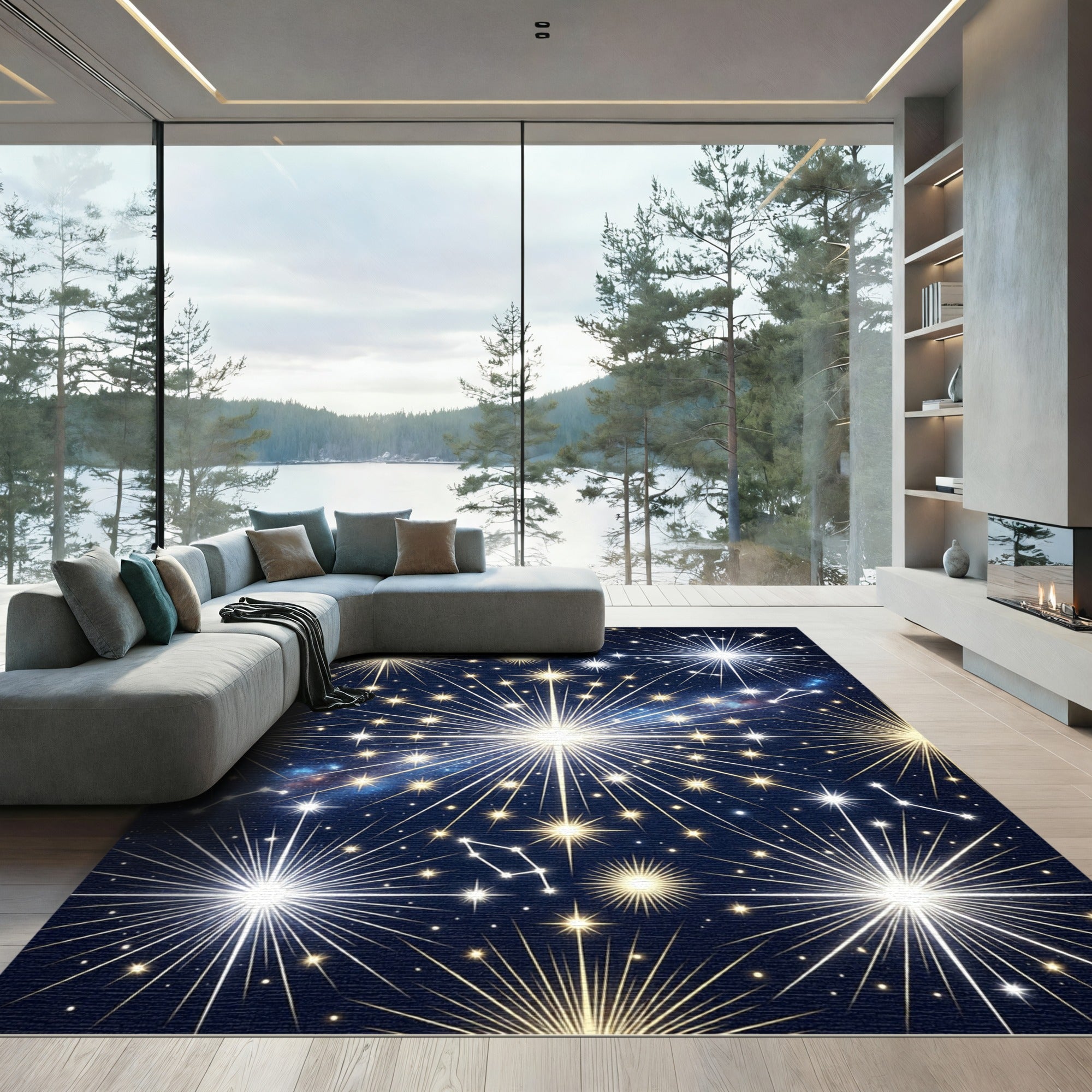 Cosmic Midnight Gold Starburst Constellation Rug
