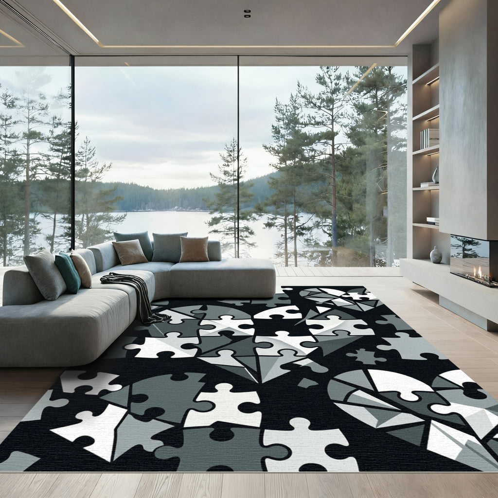 Monochrome Heart Puzzle Geometric Art Rug