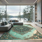 Antique Teal Ornate Floral Damask Rug
