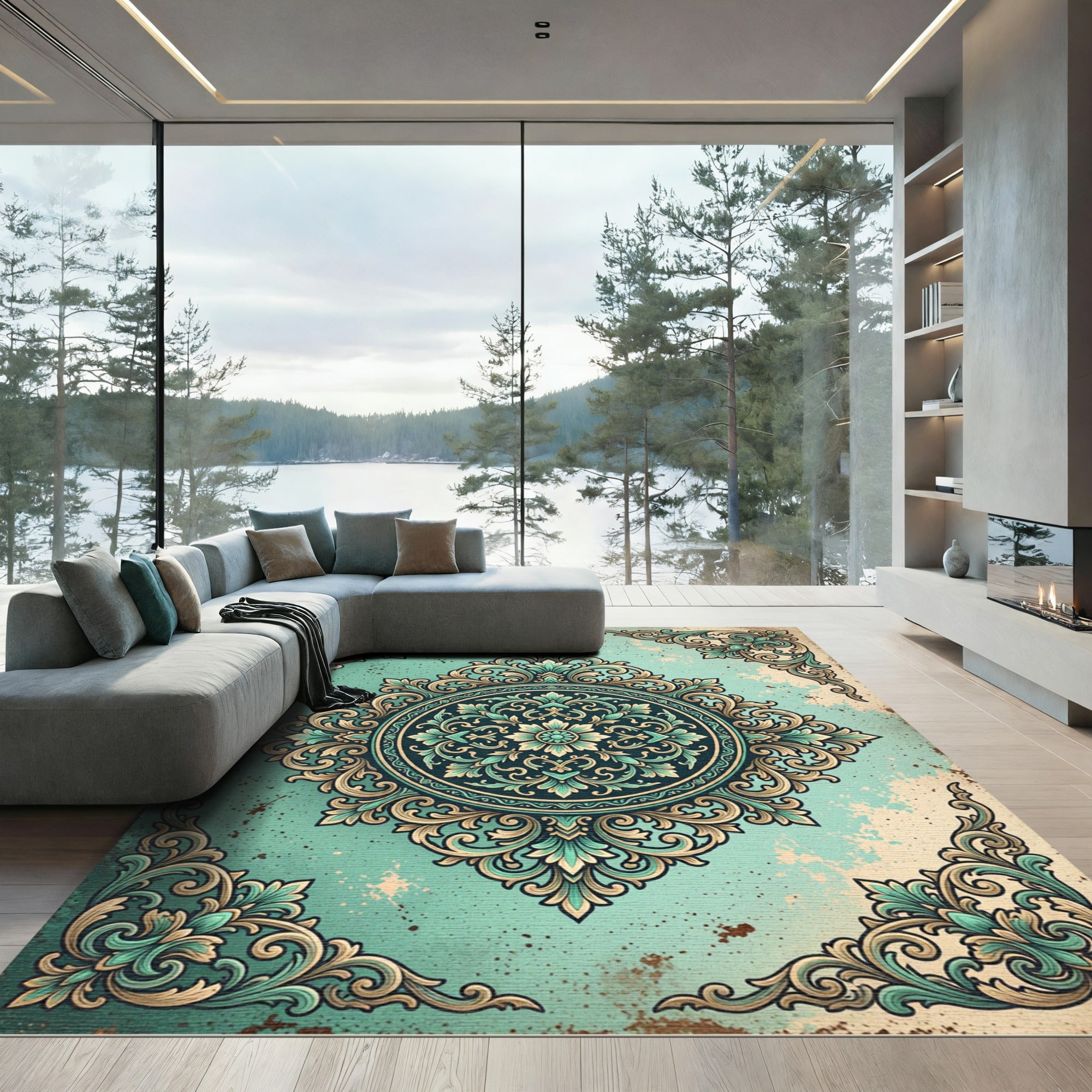 Antique Teal Ornate Floral Damask Rug