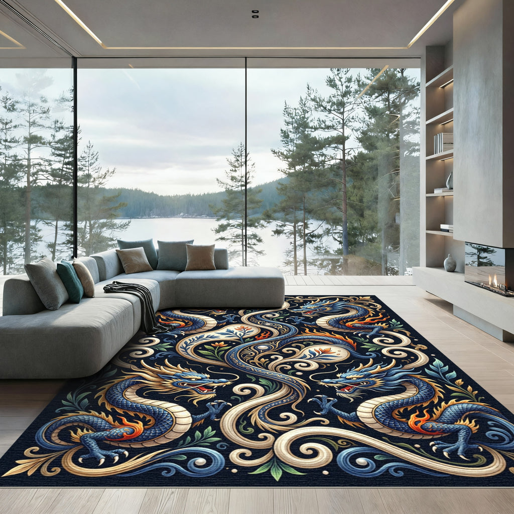 Ornate Cobalt Dragon Foliage Scroll Art Rug
