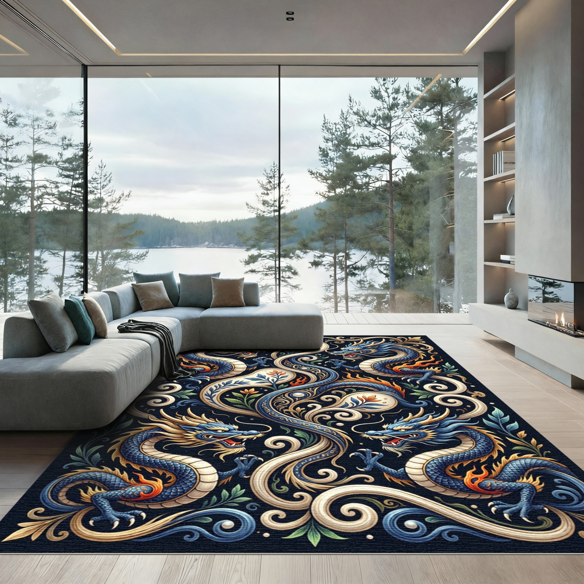 Ornate Cobalt Dragon Foliage Scroll Art Rug