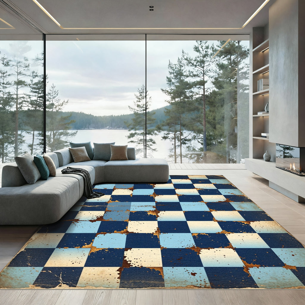 Vintage Blue Grungy Checkered Squares Rug
