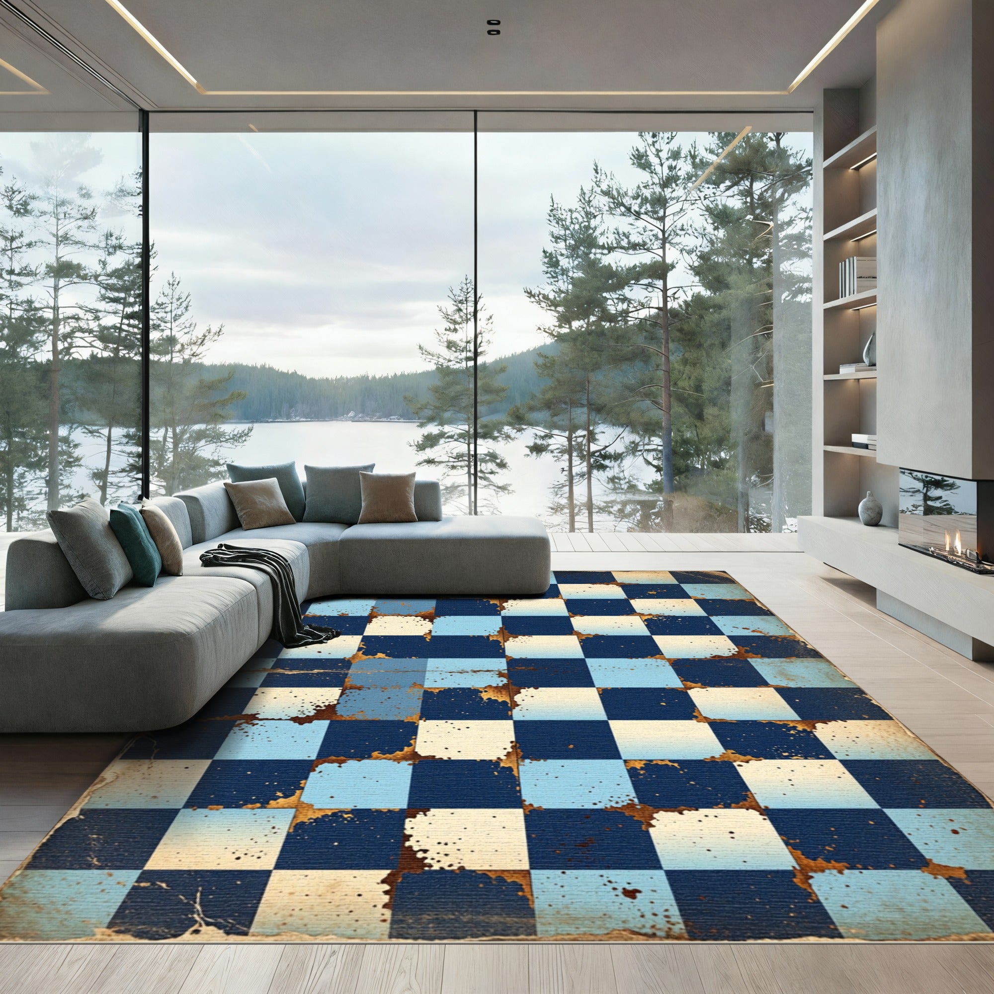 Vintage Blue Grungy Checkered Squares Rug
