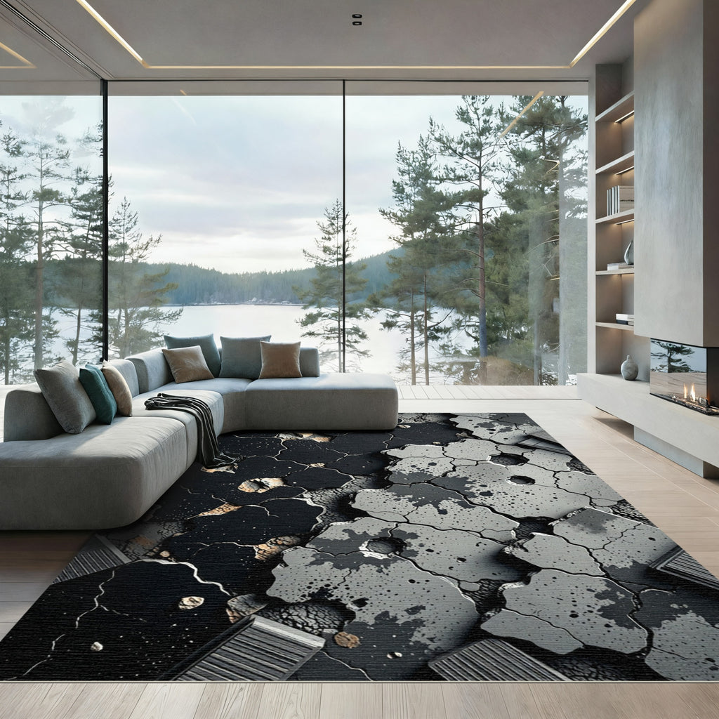 Industrial Black Concrete Cracked Surface Rug