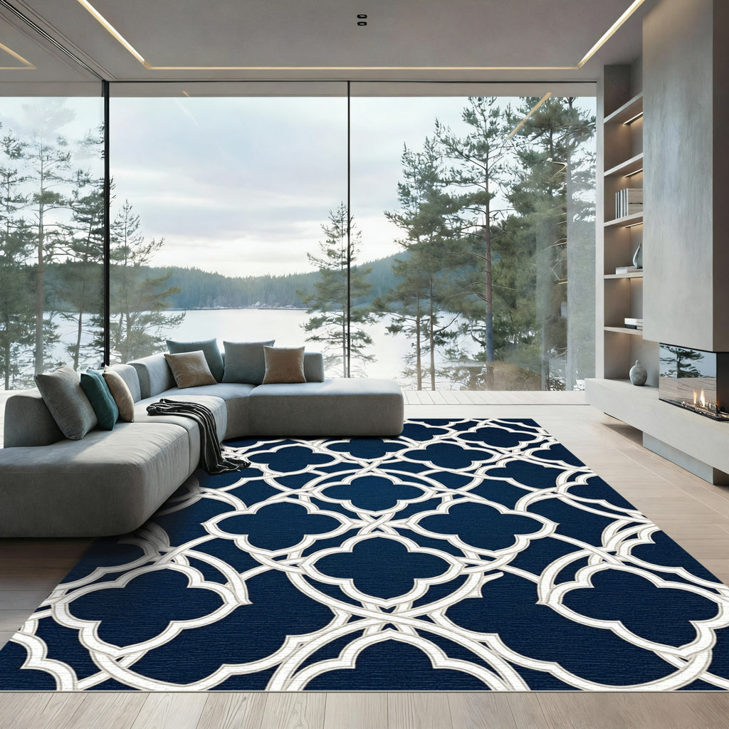Elegant Navy Trellis Quatrefoil Decor Rug