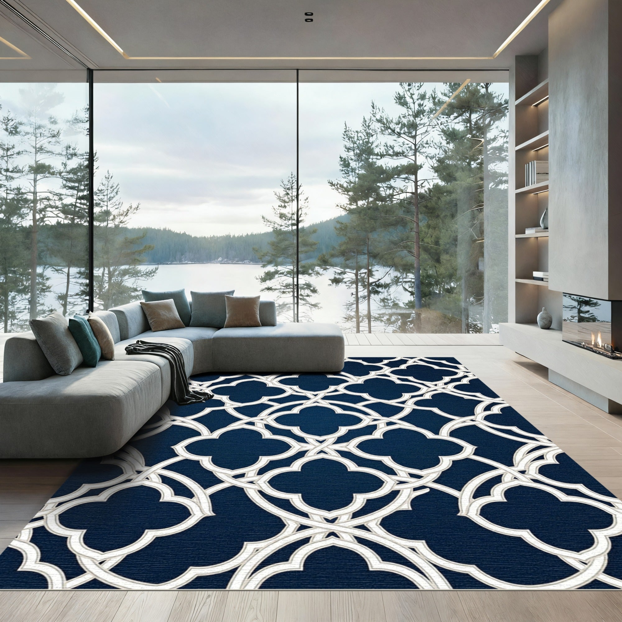 Elegant Navy Trellis Quatrefoil Decor Rug