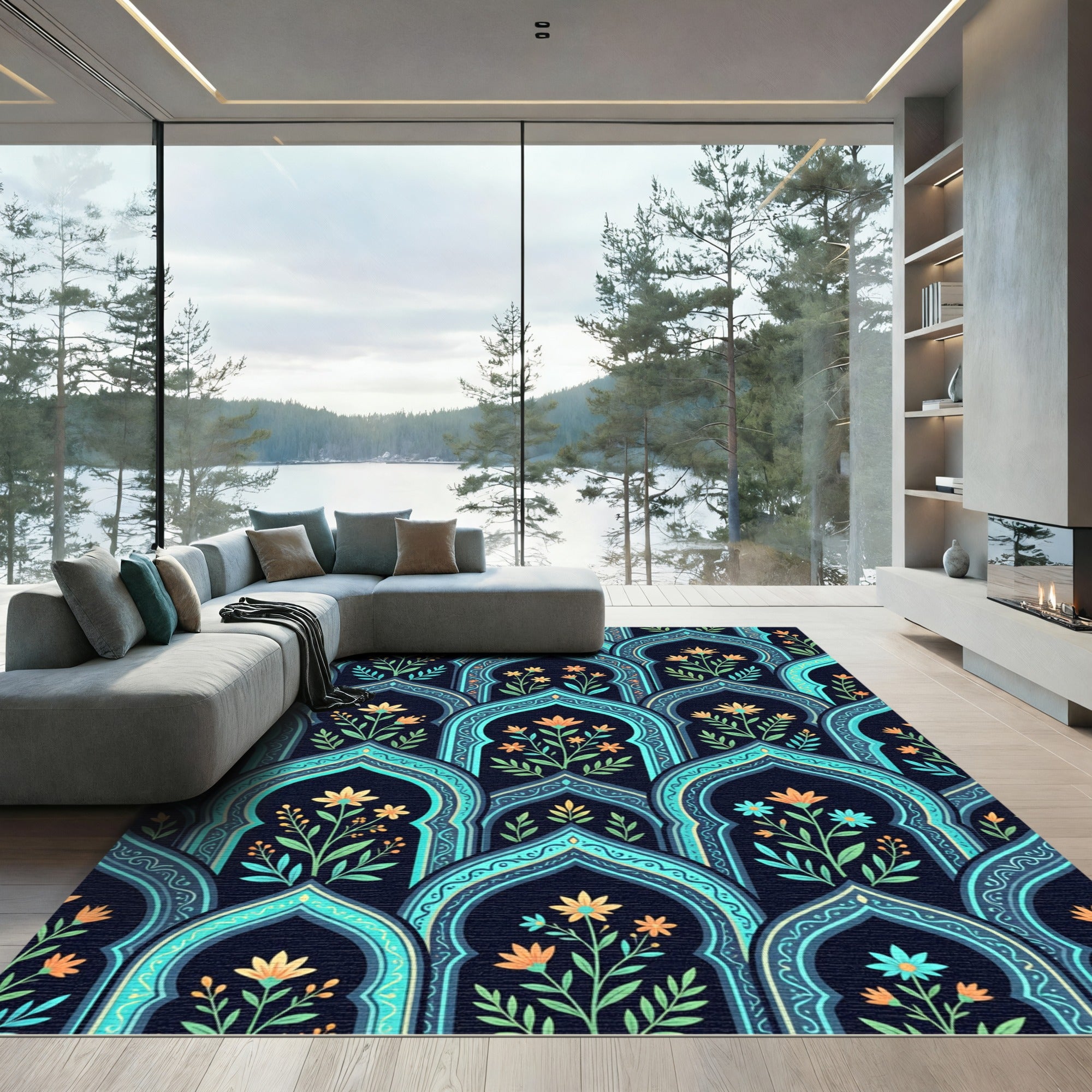 Teal Arch Floral Botanical Art Rug