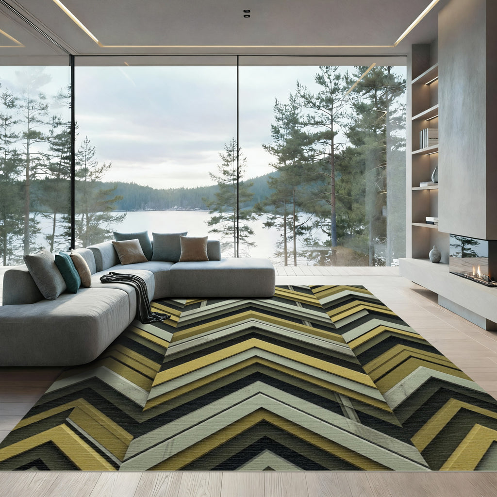 Modern Ochre and Sage Chevron Stripe Rug