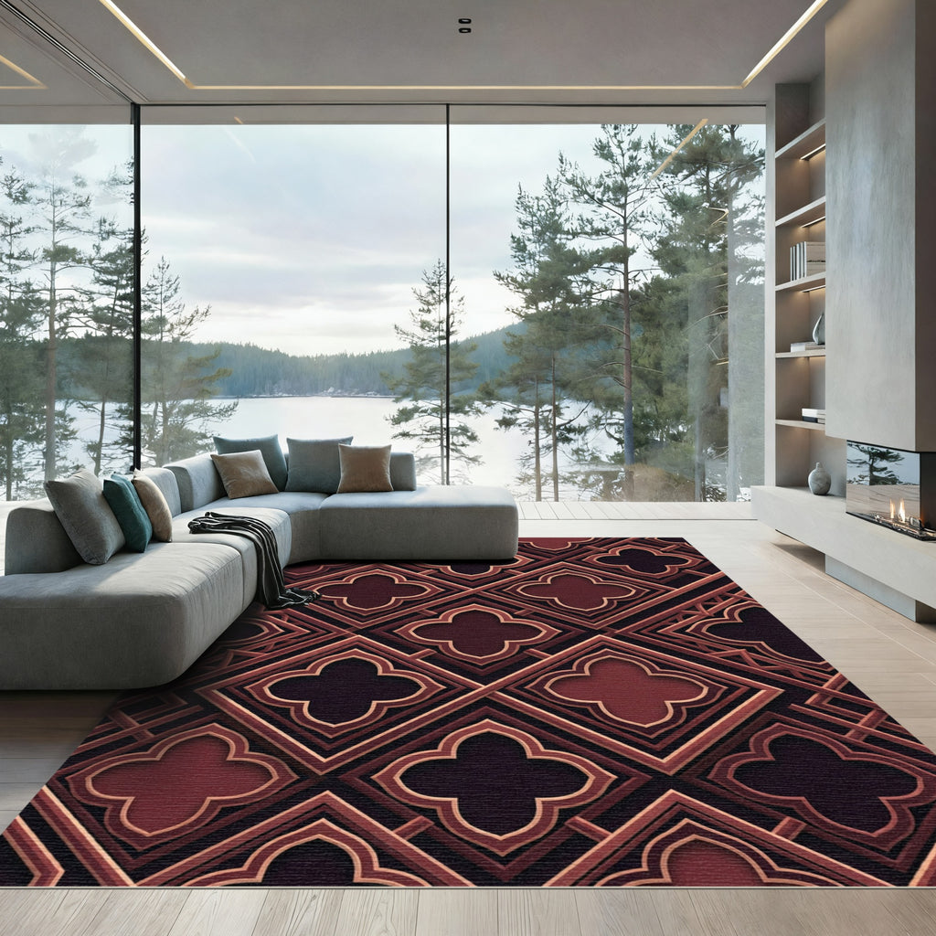 Geometric Deep Burgundy Quatrefoil Lattice Rug