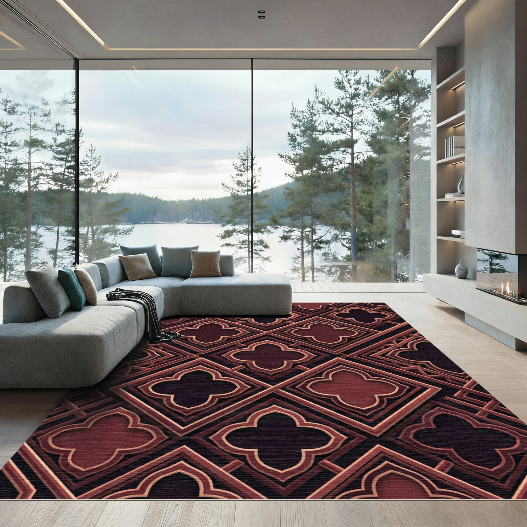 Geometric Deep Burgundy Quatrefoil Lattice Rug