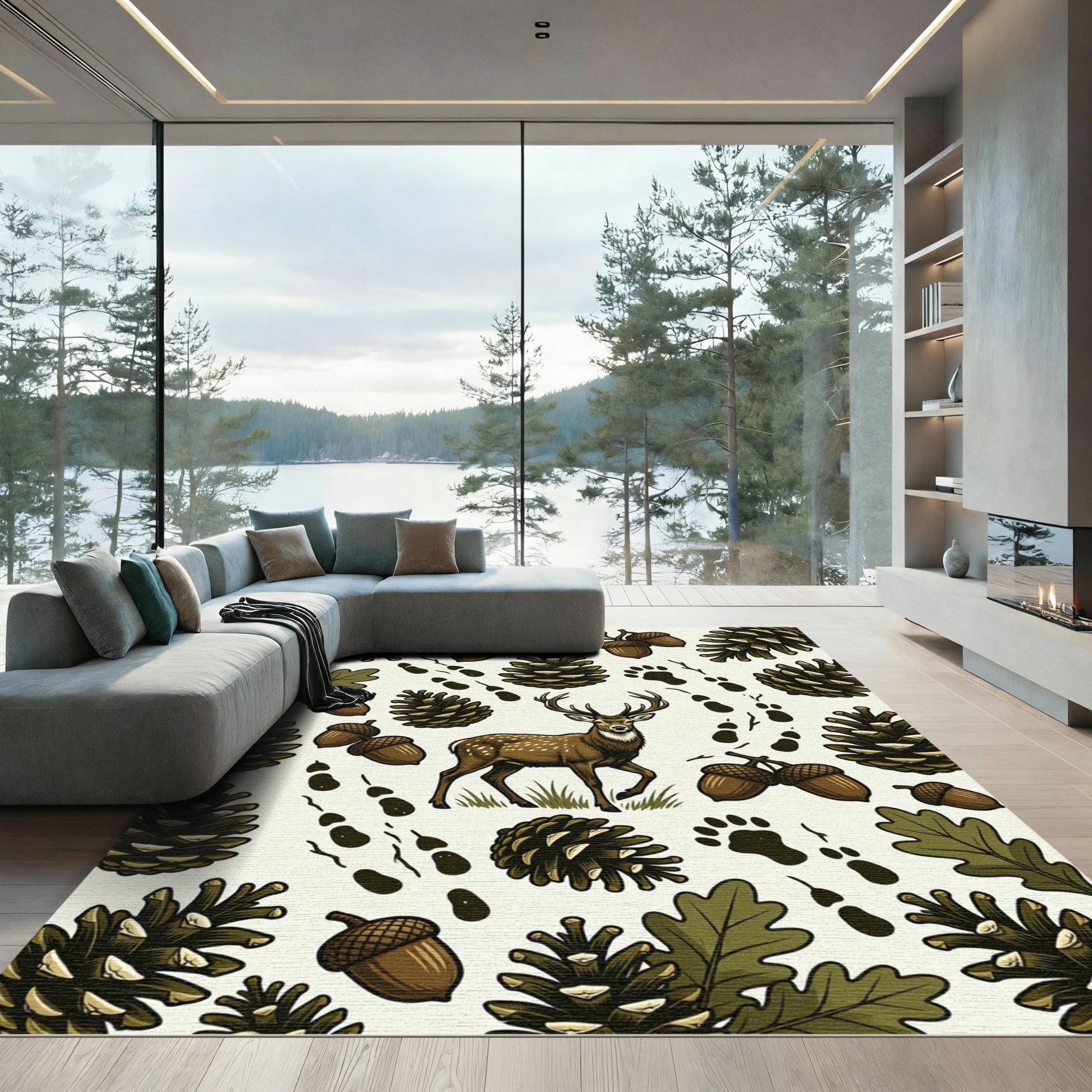 Rustic Woodland Deer Pinecone Oak Artwork Rug