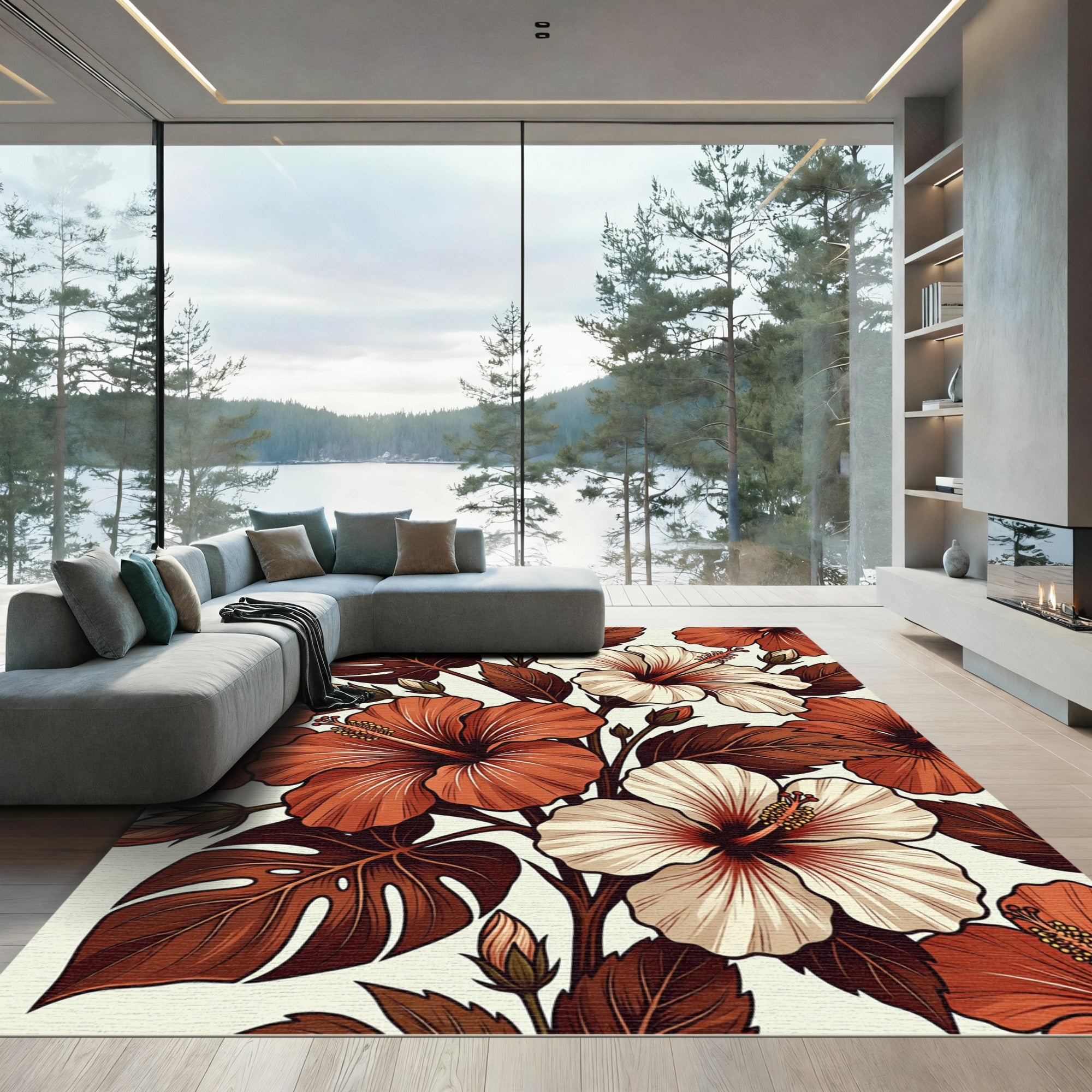 Terracotta Tropical Hibiscus Botanical Arrangement Rug