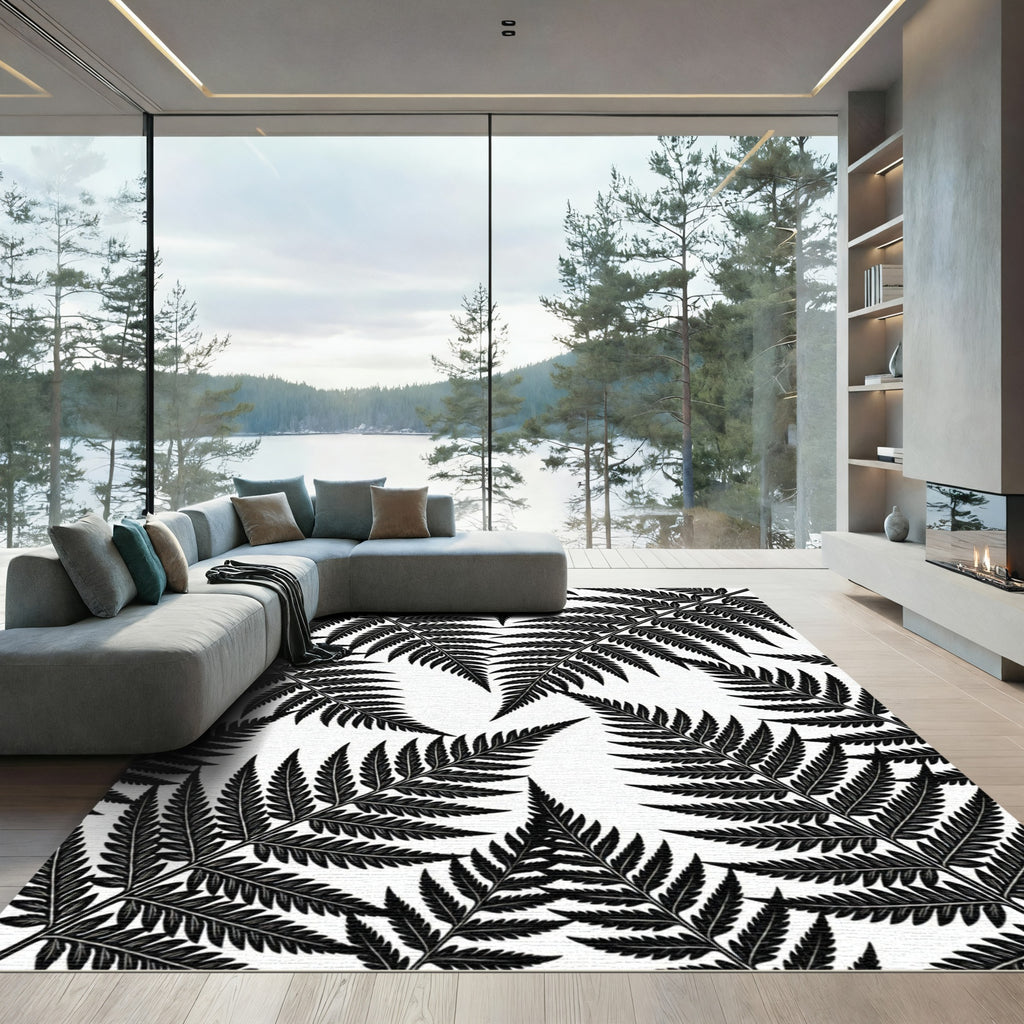 Black White Fern Frond Pattern Rug