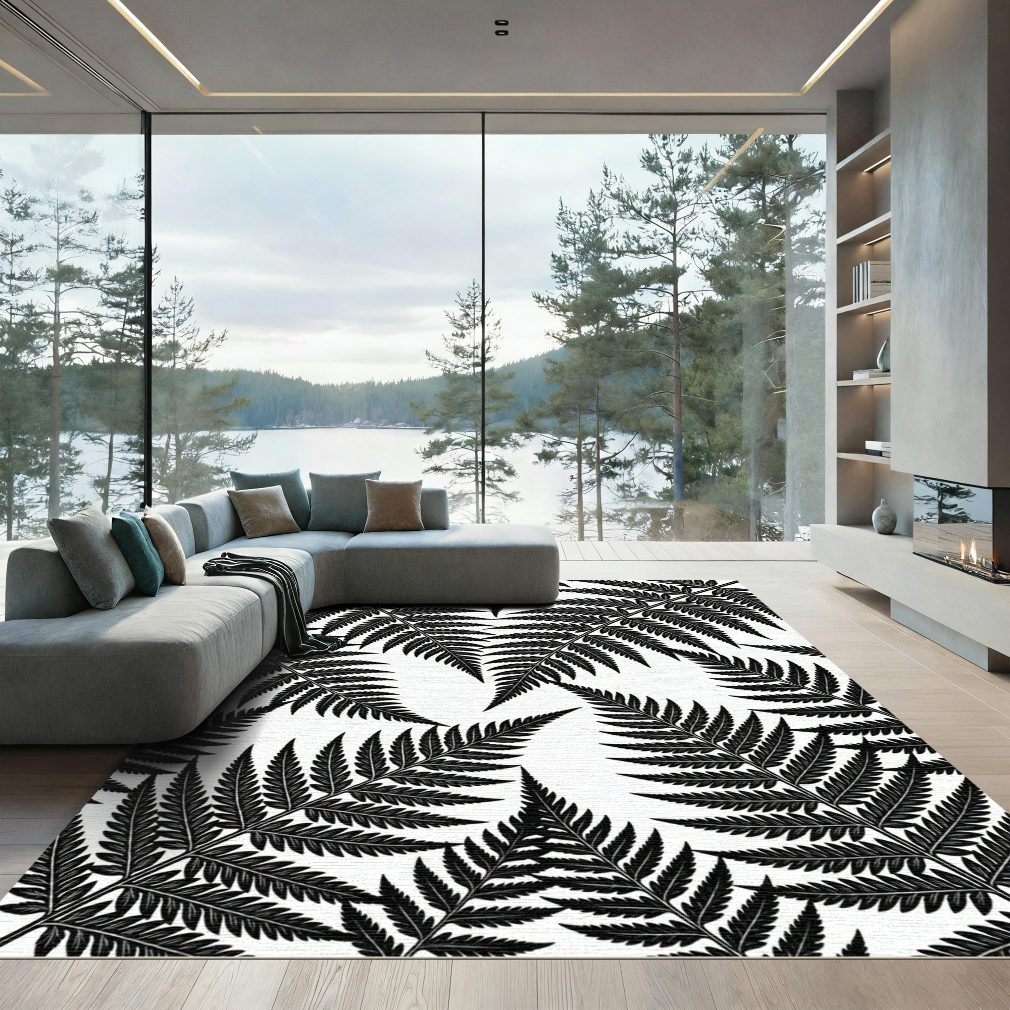 Black White Fern Frond Pattern Rug