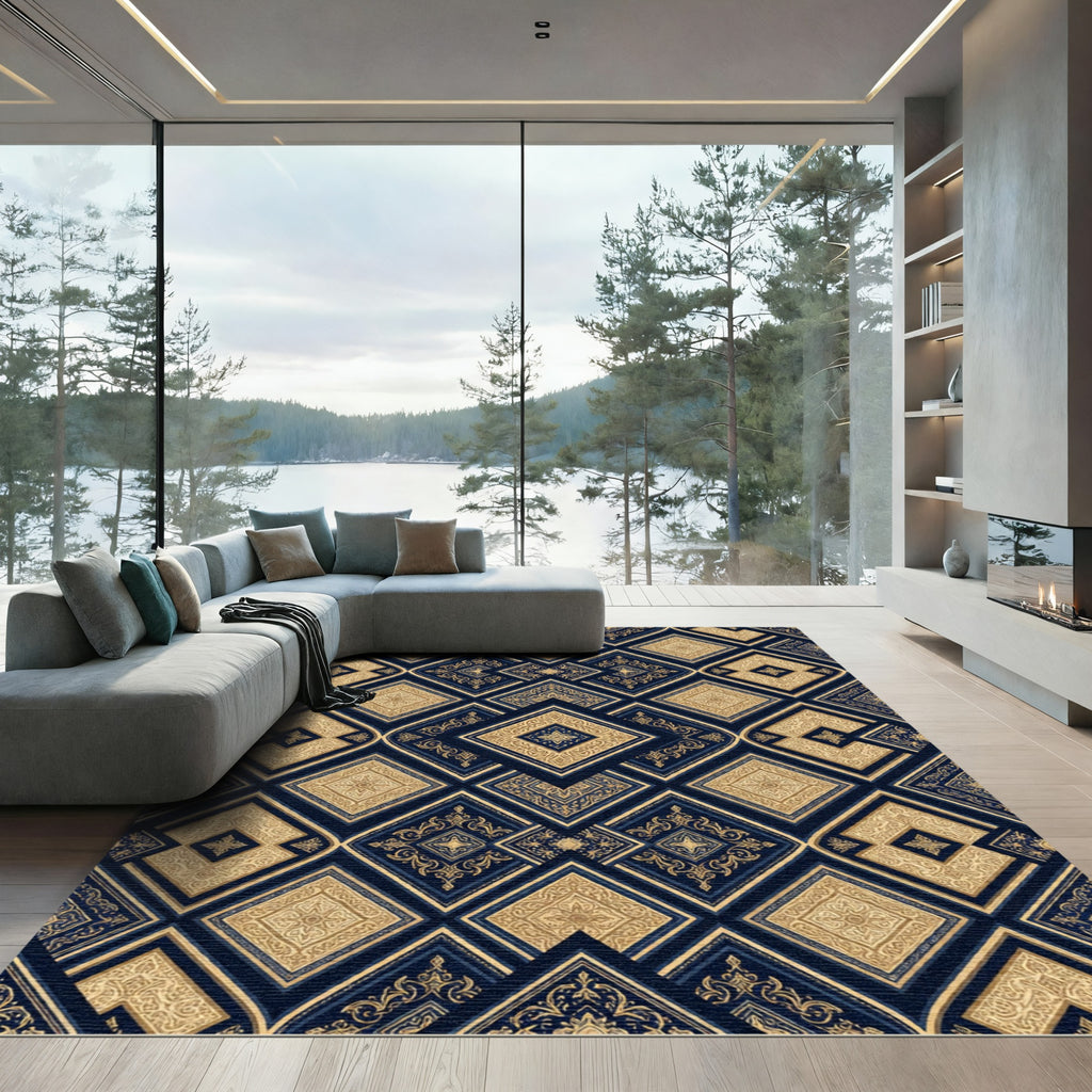 Golden Navy Medallion Diamond Composition Rug