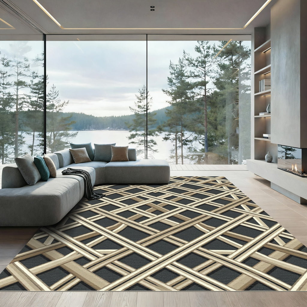 Golden Beige Interwoven Geometric Lattice Rug